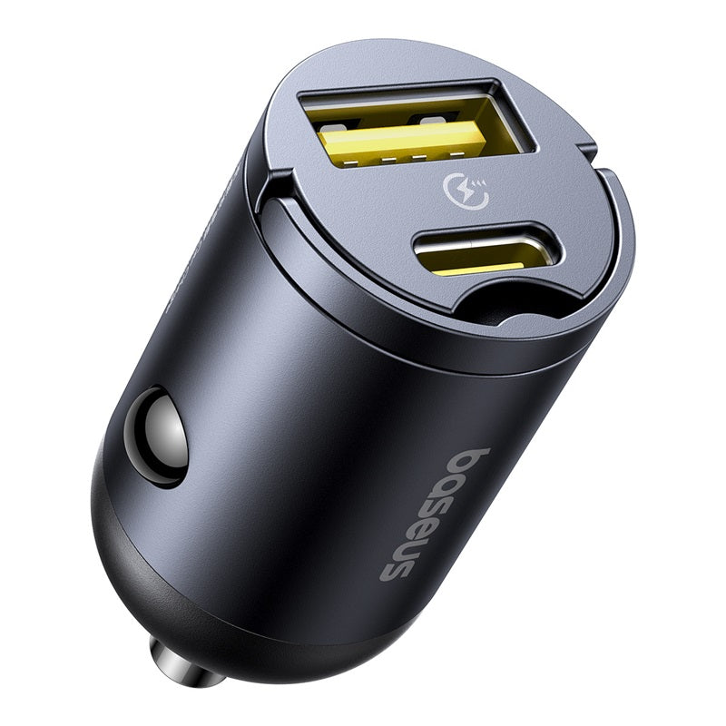 شاحن سيارة صغير من باسيوس تايني ستار بقوة 30 واط (منفذين USB-A و USB-C) – أسود