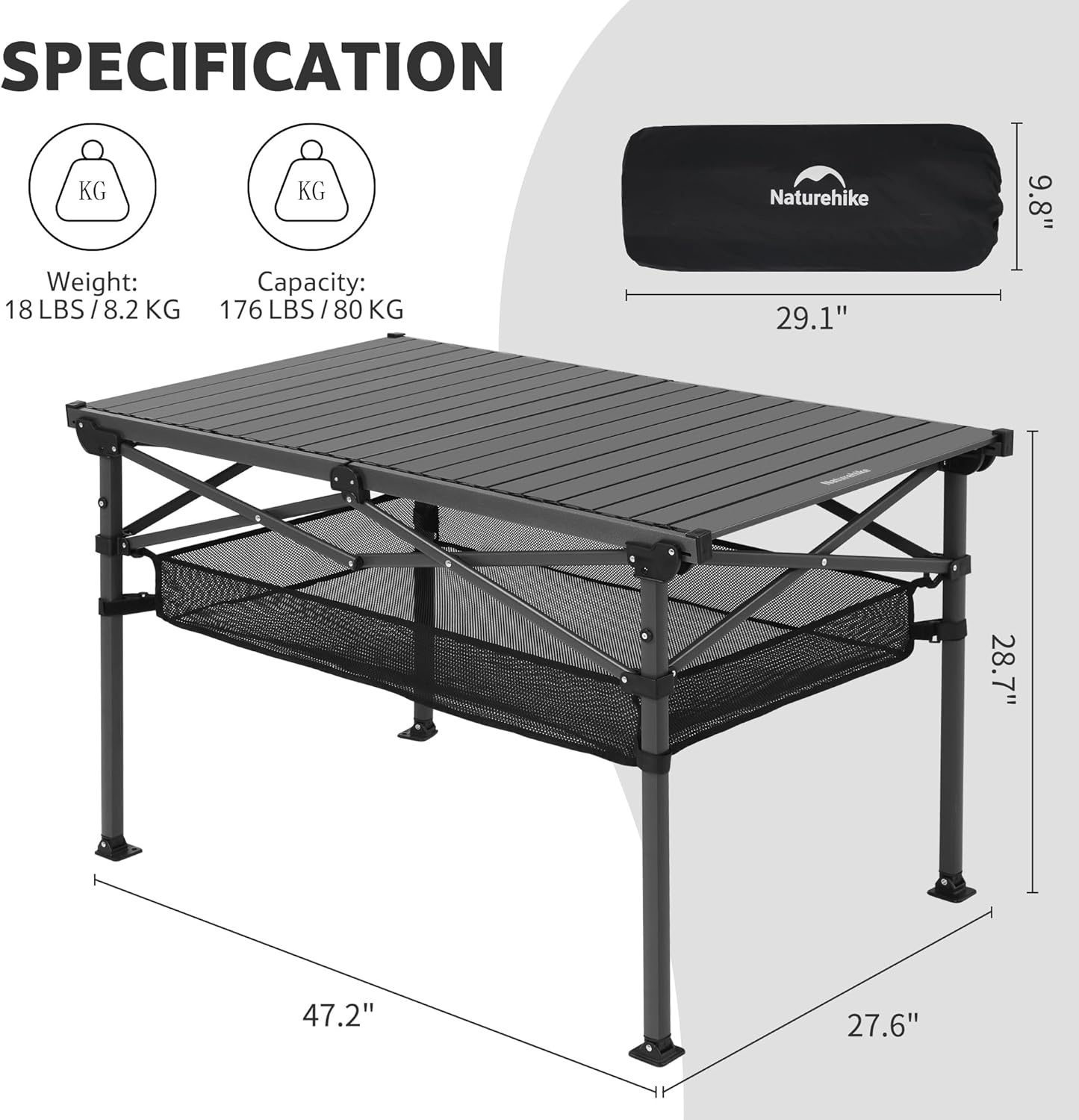 منضدة قابلة للطي Naturehike Simple Star H01 بمقاس 120x70x73 - أسود
