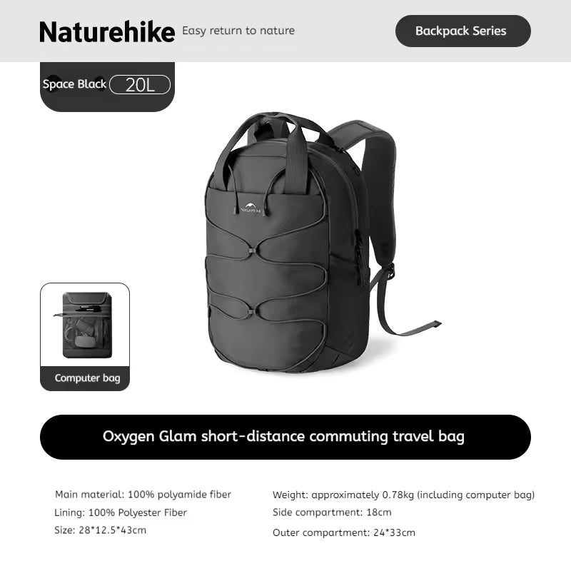 Naturehike Oxygen Glam - حقيبة ظهر للسفر والتنقل لمسافات قصيرة 20 لتر - أسود فلكي