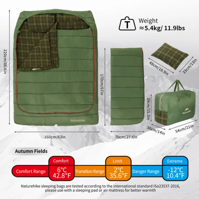 حقيبة نوم مزدوجة Naturehike Akino مقاس 220x160 - أخضر شبتي